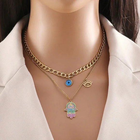 Gold Tone Stainless Steel Evil Eye Hamsa Multilayer Necklace - Picture 2 of 3